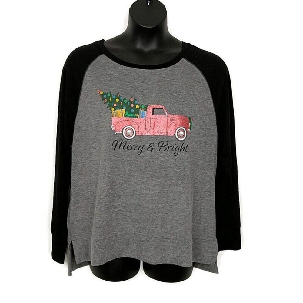 Modern Canvas Womens XXL T Shirt Christmas Truck Tree Gray Black Raglan Long Slv